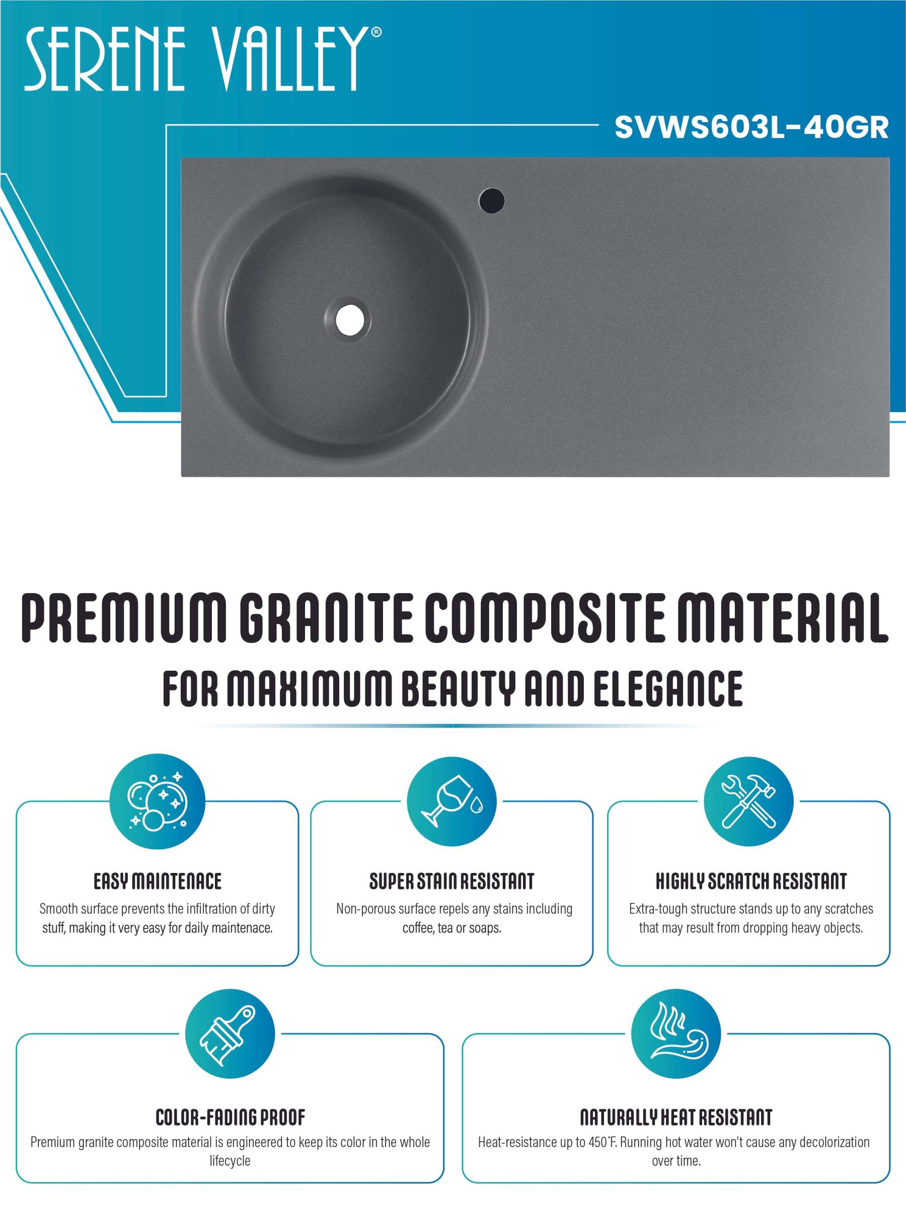 Bathroom Sink, Solid Surface Material, Wall-Mount or Countertop Install, 40" with Single Faucet Hole in Matte Gray， SVWS603L-40GR-Serene Valley