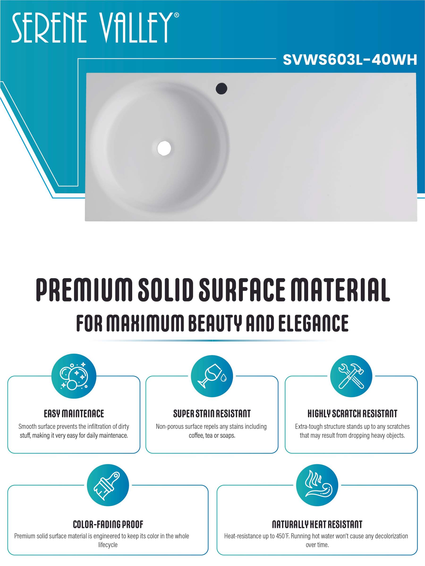 Bathroom Sink, Solid Surface Material, Wall-Mount or Countertop Install, 40" with Single Faucet Hole in Matte White， SVWS603L-40WH-Serene Valley