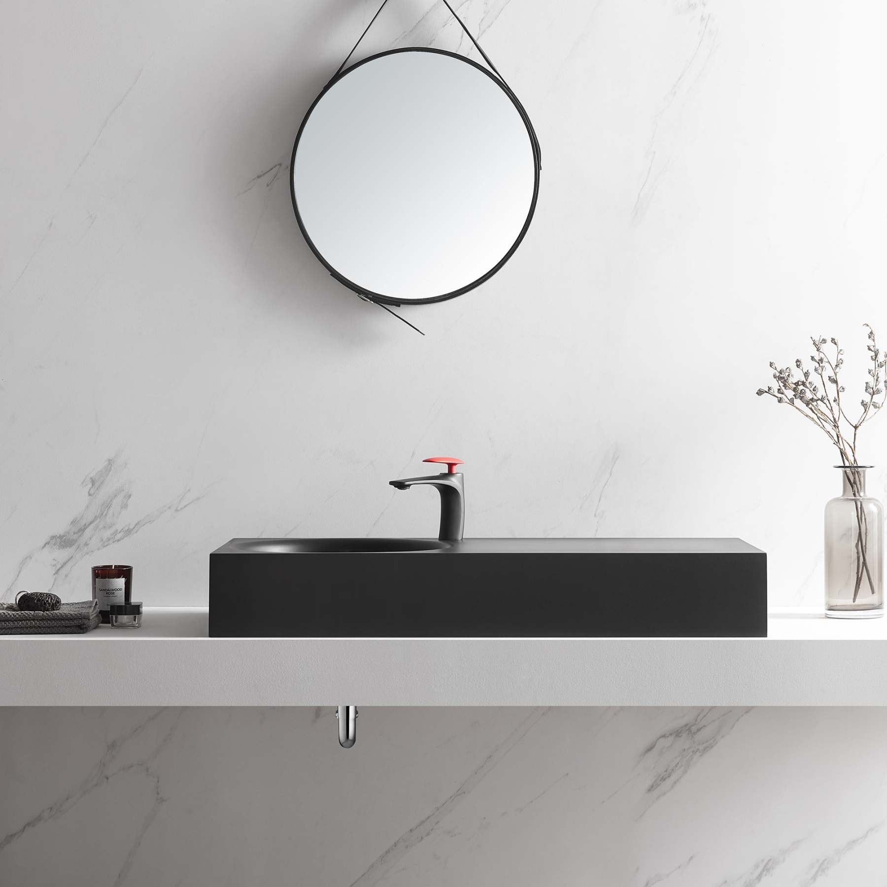 Bathroom Sink, Solid Surface Material, Wall-Mount or Countertop Install, 40" with Single Faucet Hole in Matte Black， SVWS603L-40BK-Serene Valley