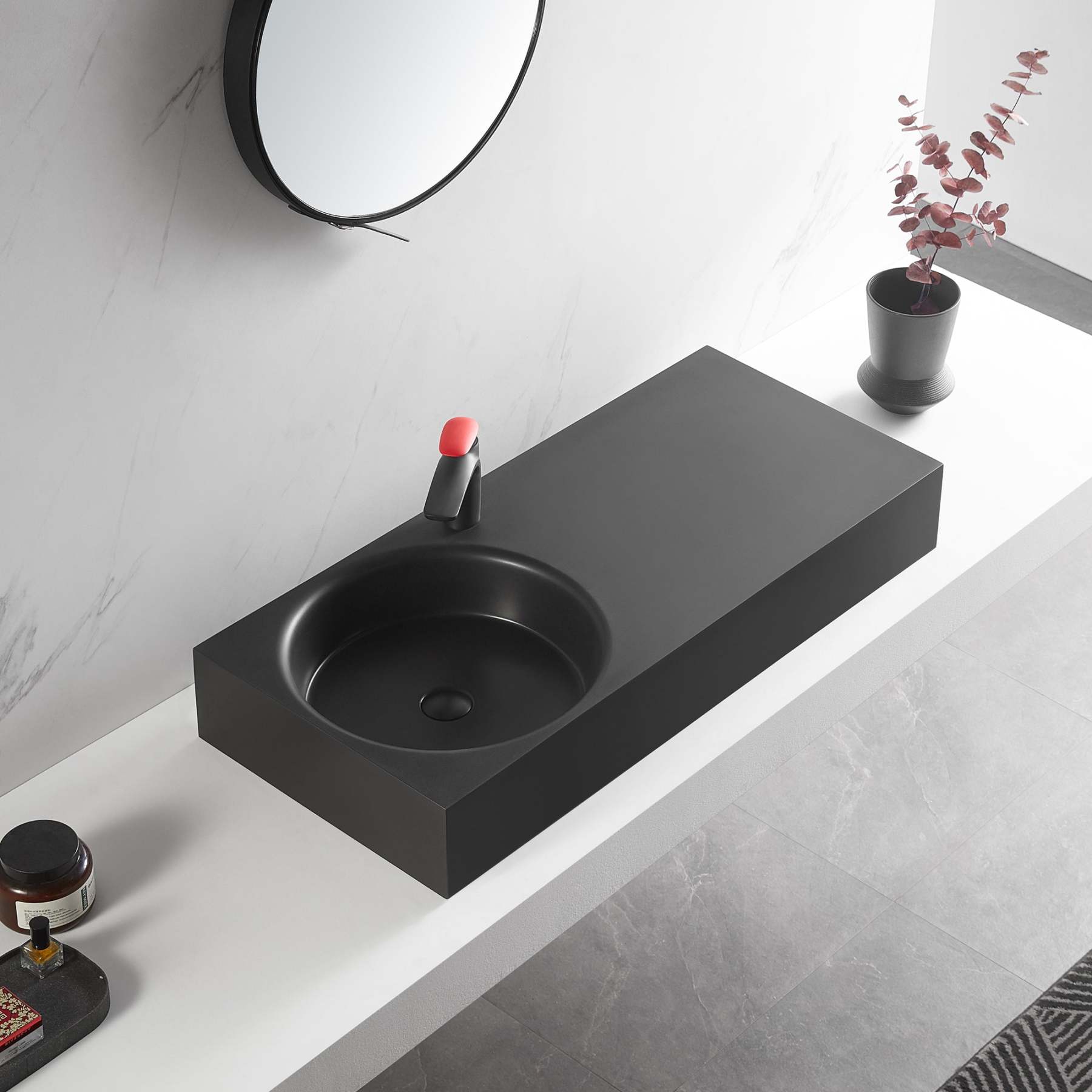 Bathroom Sink, Solid Surface Material, Wall-Mount or Countertop Install, 40" with Single Faucet Hole in Matte Black， SVWS603L-40BK-Serene Valley