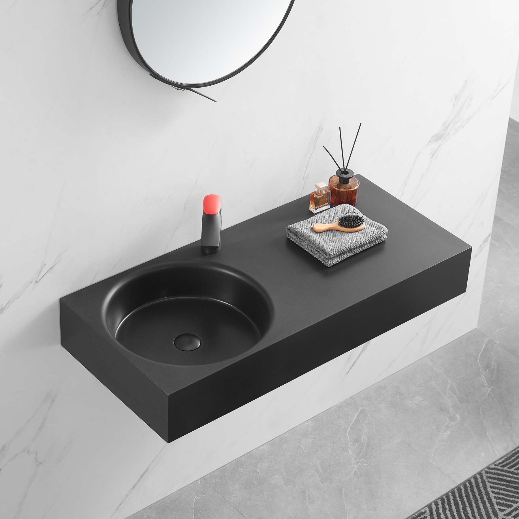 Bathroom Sink, Solid Surface Material, Wall-Mount or Countertop Install, 40" with Single Faucet Hole in Matte Black， SVWS603L-40BK-Serene Valley