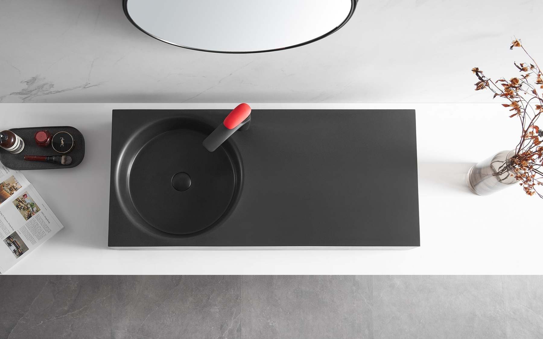 Bathroom Sink, Solid Surface Material, Wall-Mount or Countertop Install, 40" with Single Faucet Hole in Matte Black， SVWS603L-40BK-Serene Valley