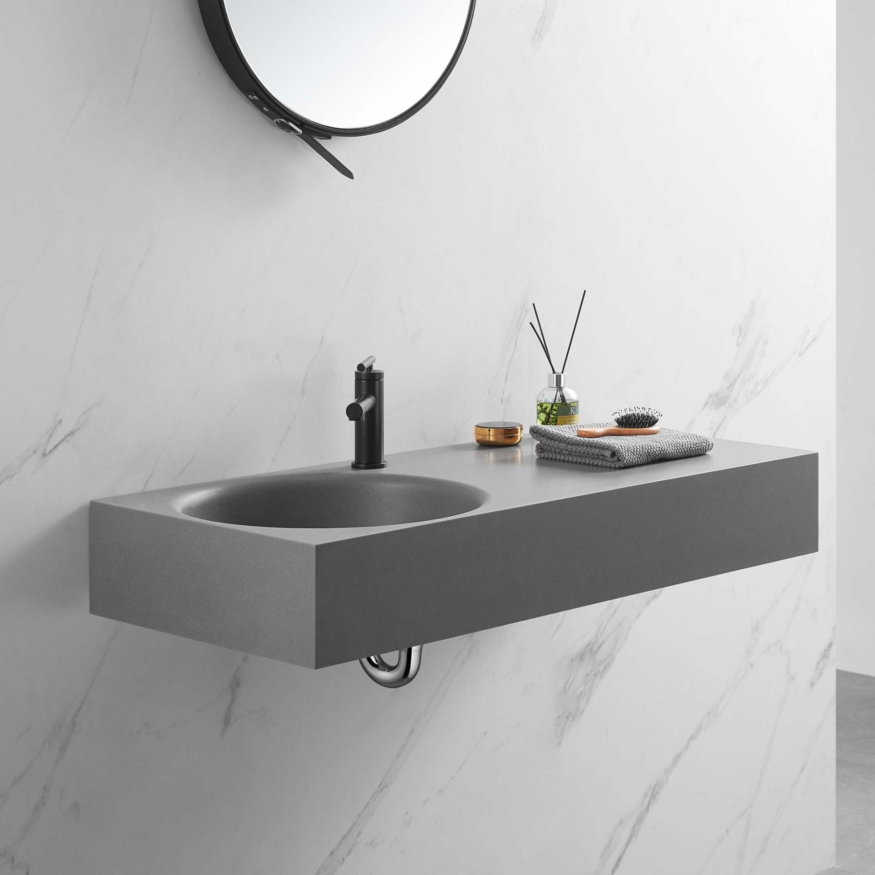 Bathroom Sink, Solid Surface Material, Wall-Mount or Countertop Install, 40" with Single Faucet Hole in Matte Gray， SVWS603L-40GR-Serene Valley