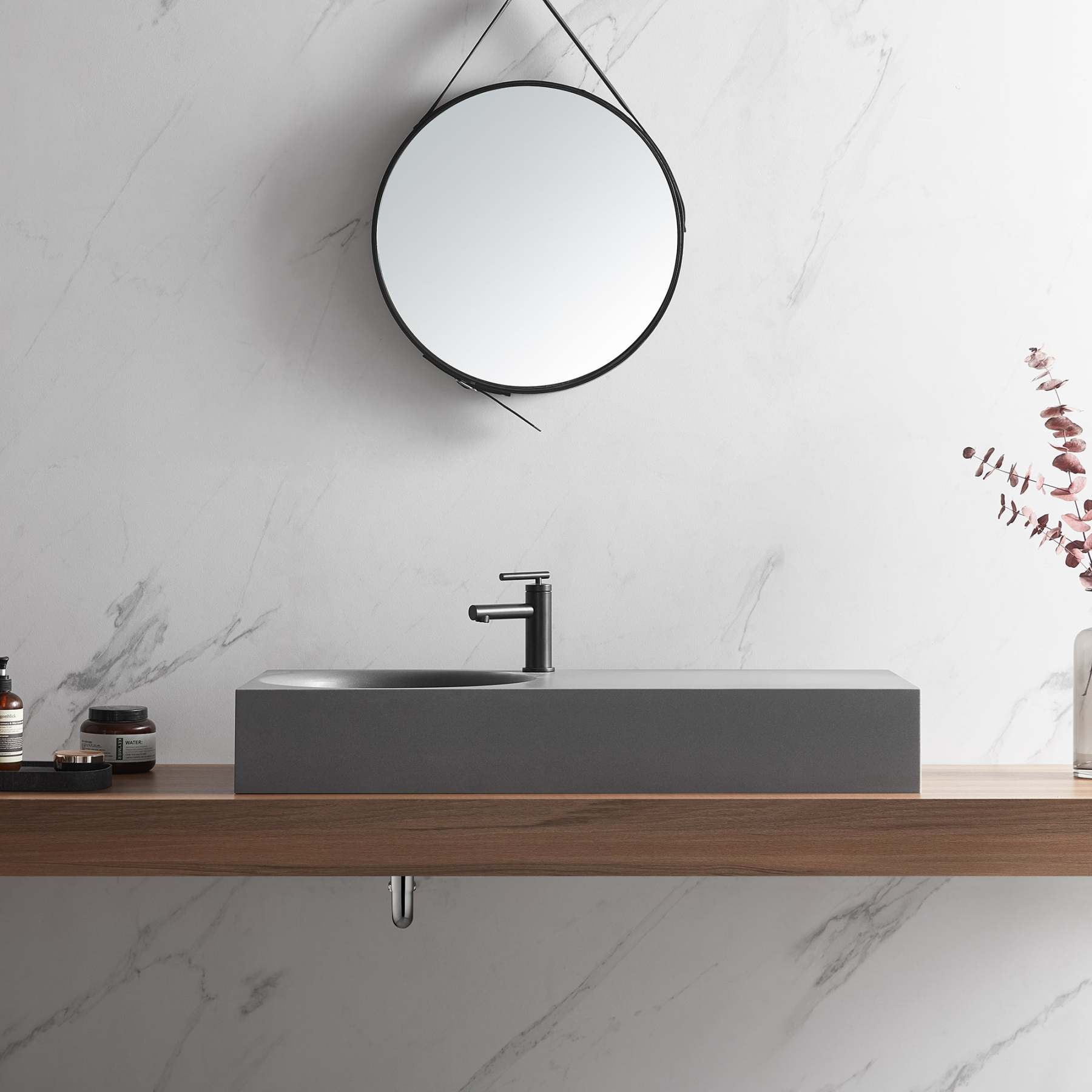 Bathroom Sink, Solid Surface Material, Wall-Mount or Countertop Install, 40" with Single Faucet Hole in Matte Gray， SVWS603L-40GR-Serene Valley