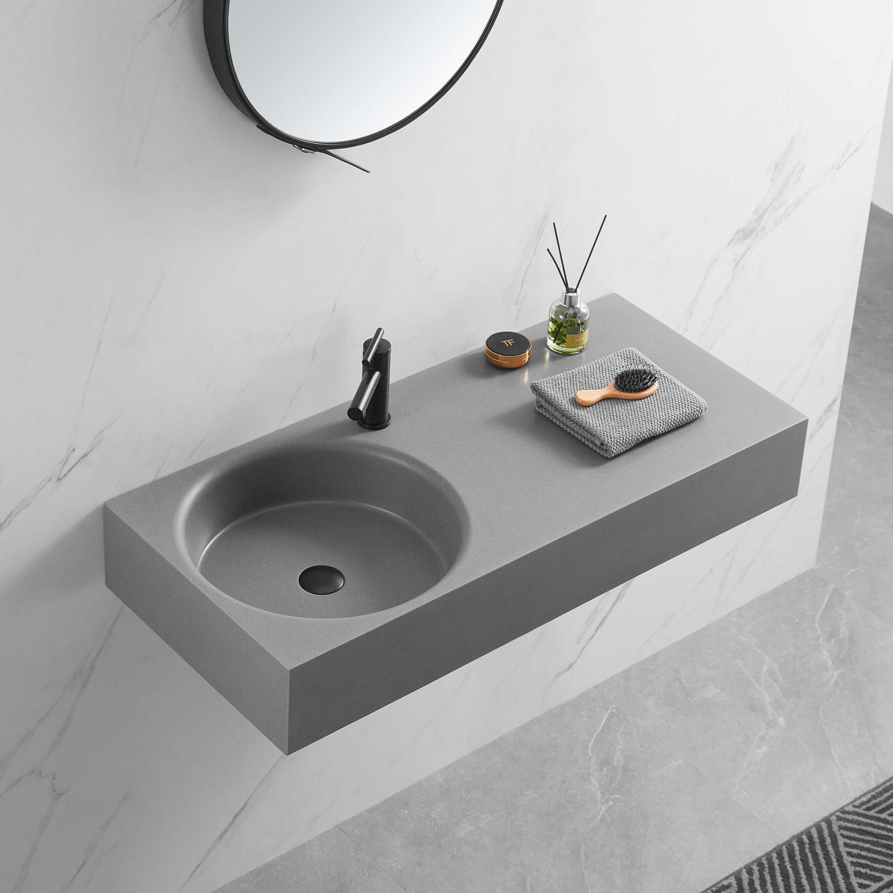 Bathroom Sink, Solid Surface Material, Wall-Mount or Countertop Install, 40" with Single Faucet Hole in Matte Gray， SVWS603L-40GR-Serene Valley