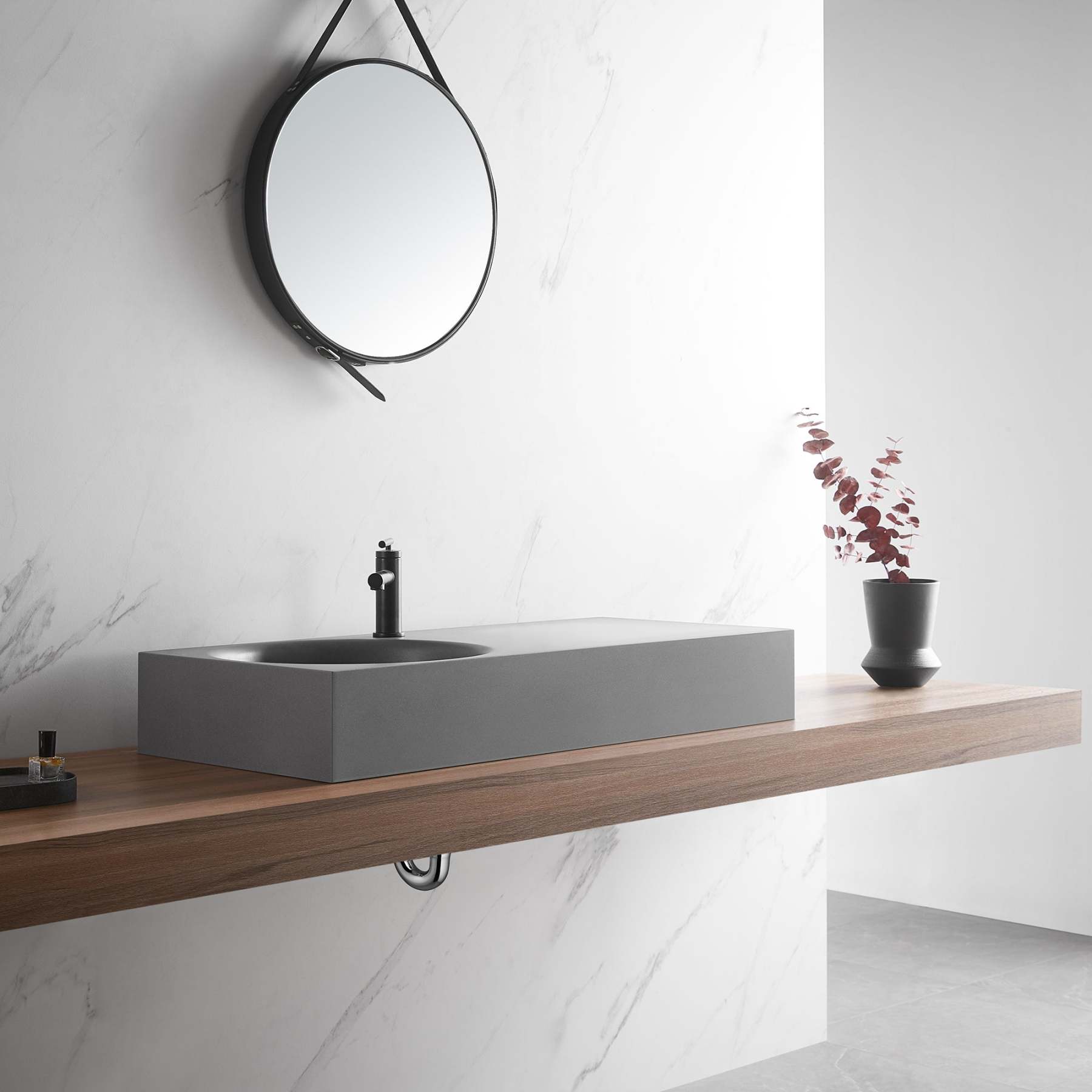 Bathroom Sink, Solid Surface Material, Wall-Mount or Countertop Install, 40" with Single Faucet Hole in Matte Gray， SVWS603L-40GR-Serene Valley