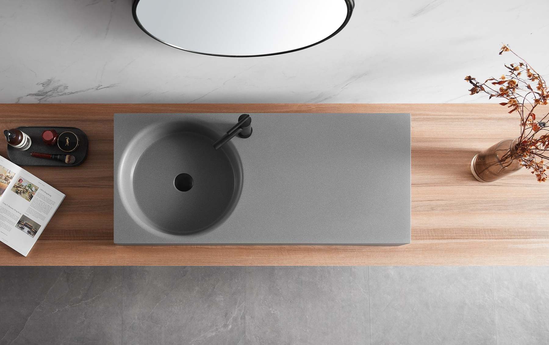 Bathroom Sink, Solid Surface Material, Wall-Mount or Countertop Install, 40" with Single Faucet Hole in Matte Gray， SVWS603L-40GR-Serene Valley