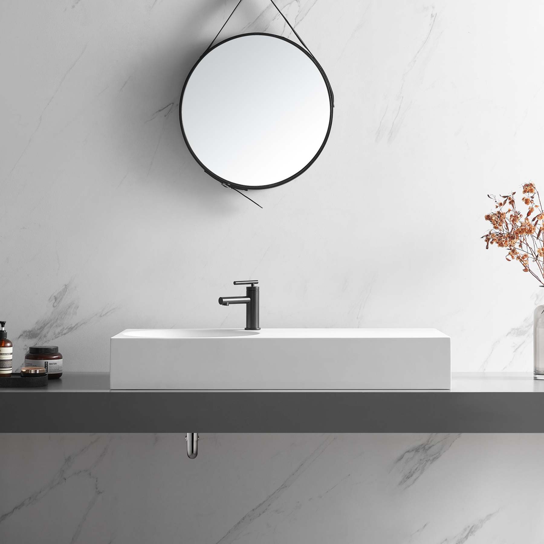 Bathroom Sink, Solid Surface Material, Wall-Mount or Countertop Install, 40" with Single Faucet Hole in Matte White， SVWS603L-40WH-Serene Valley