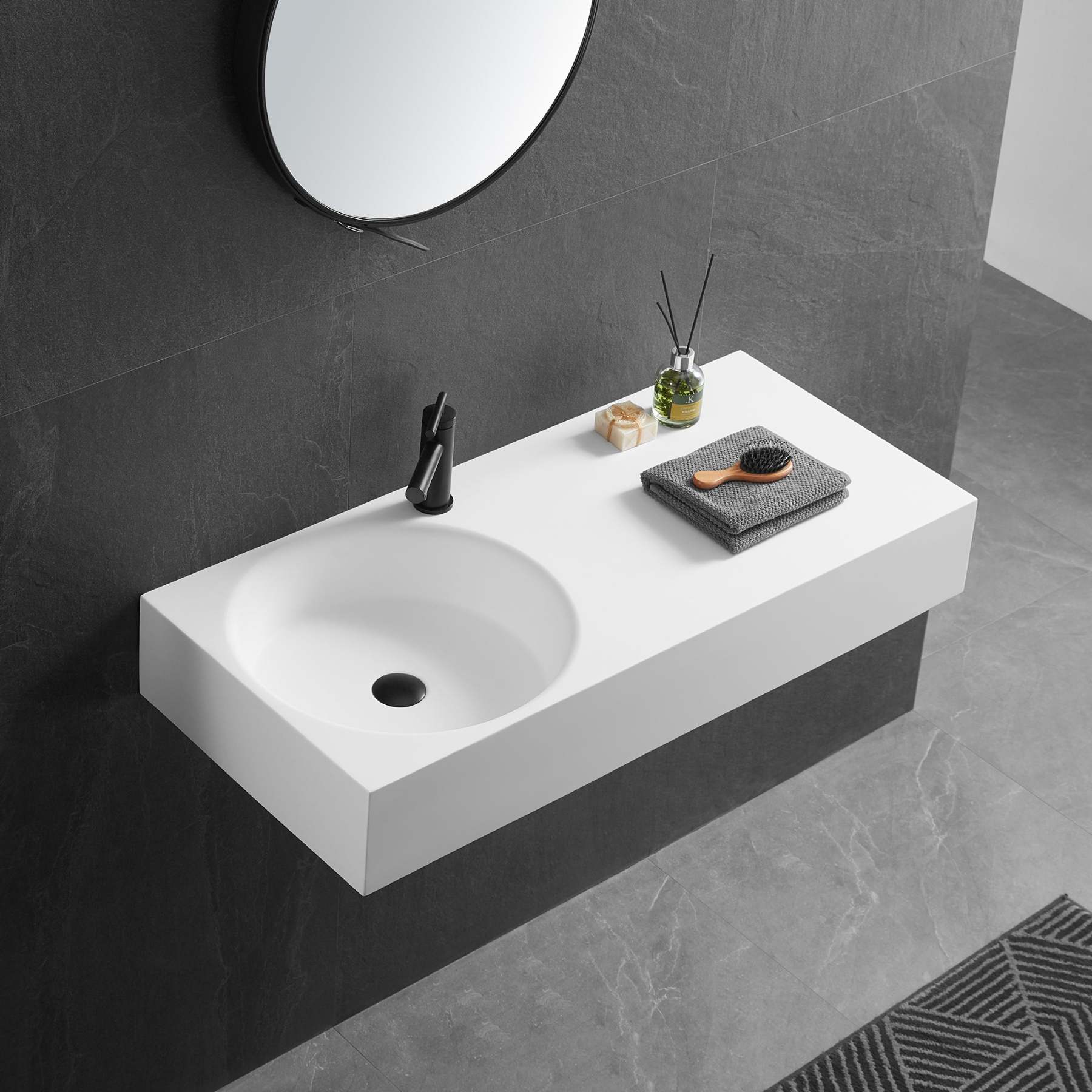 Bathroom Sink, Solid Surface Material, Wall-Mount or Countertop Install, 40" with Single Faucet Hole in Matte White， SVWS603L-40WH-Serene Valley