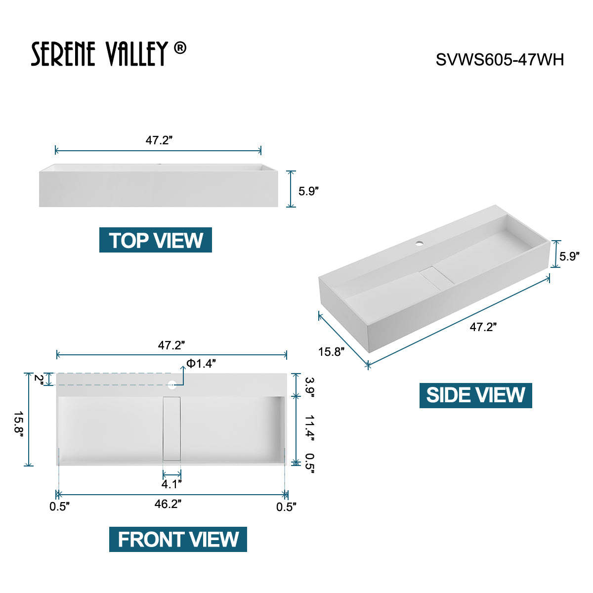 Serene Valley 47" Floating or Countertop Bathroom Sink, Double Faucet Holes with Hidden Drain, Solid Surface Material in Matte White, SVWS605-47WH-Serene Valley