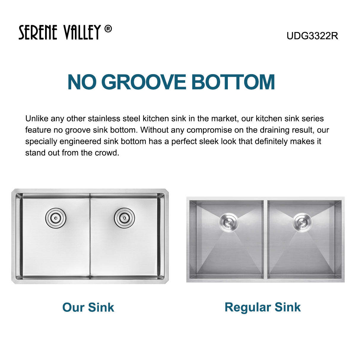 Serene Valley Stainless Steel Kitchen Sink, 33-inch Undermount, Double Bowl with Unique Thin Divider, Heavy-Duty Grids UDG3322R-Serene Valley
