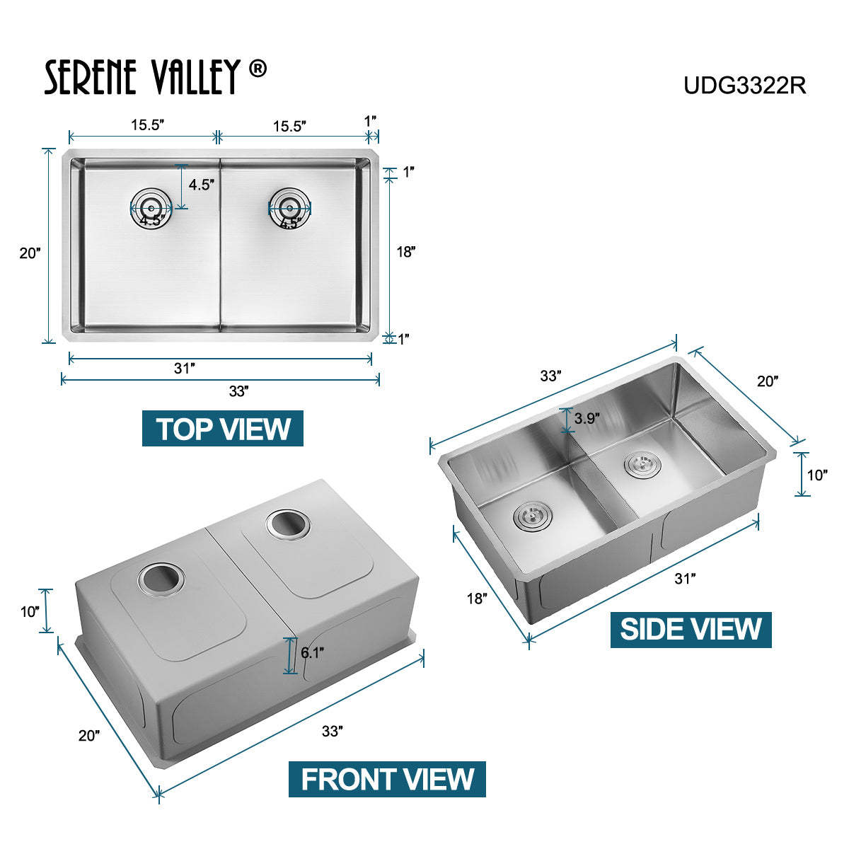 Serene Valley Stainless Steel Kitchen Sink, 33-inch Undermount, Double Bowl with Unique Thin Divider, Heavy-Duty Grids UDG3322R-Serene Valley