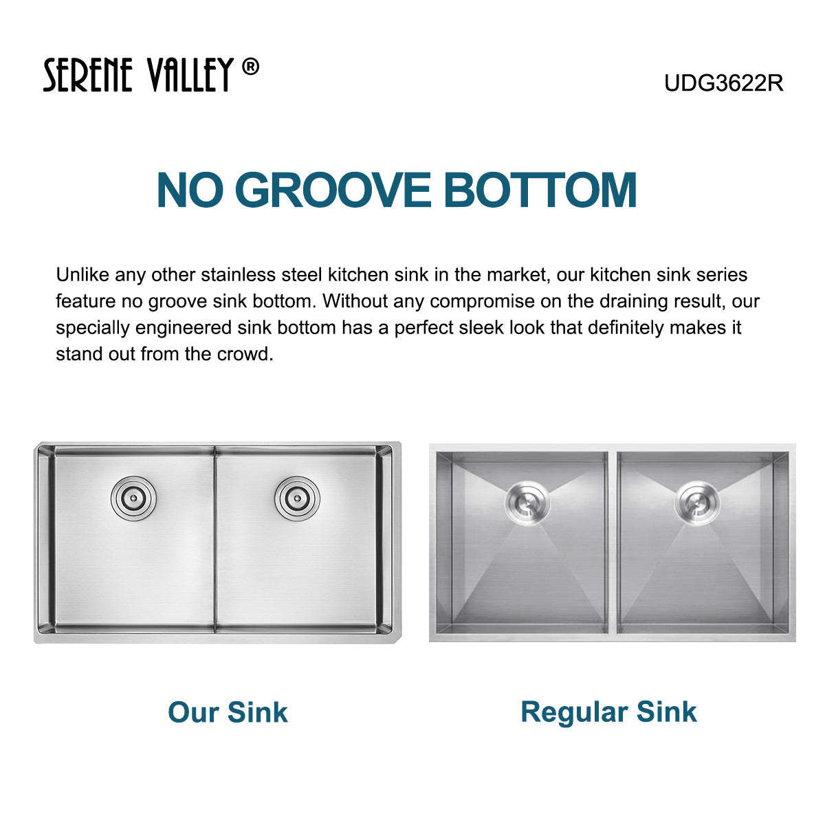 Serene Valley Stainless Steel Kitchen Sink, 36-inch Undermount, Double Bowl with Unique Thin Divider, Heavy-Duty Grids UDG3622R-Serene Valley
