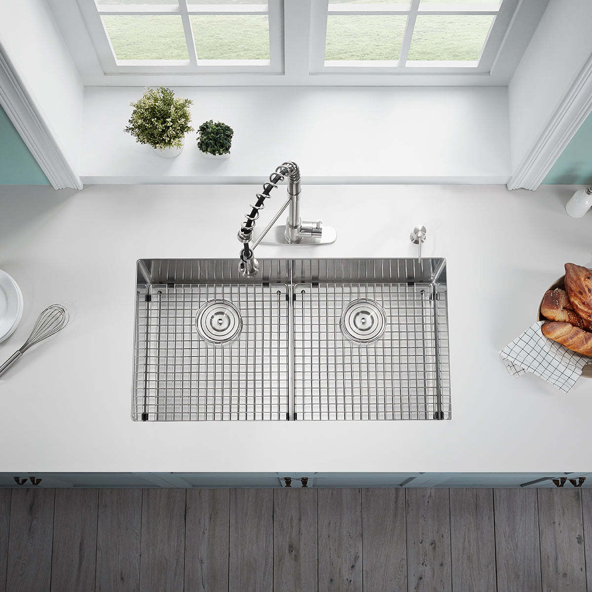 Serene Valley Stainless Steel Kitchen Sink, 36-inch Undermount, Double Bowl with Unique Thin Divider, Heavy-Duty Grids UDG3622R-Serene Valley