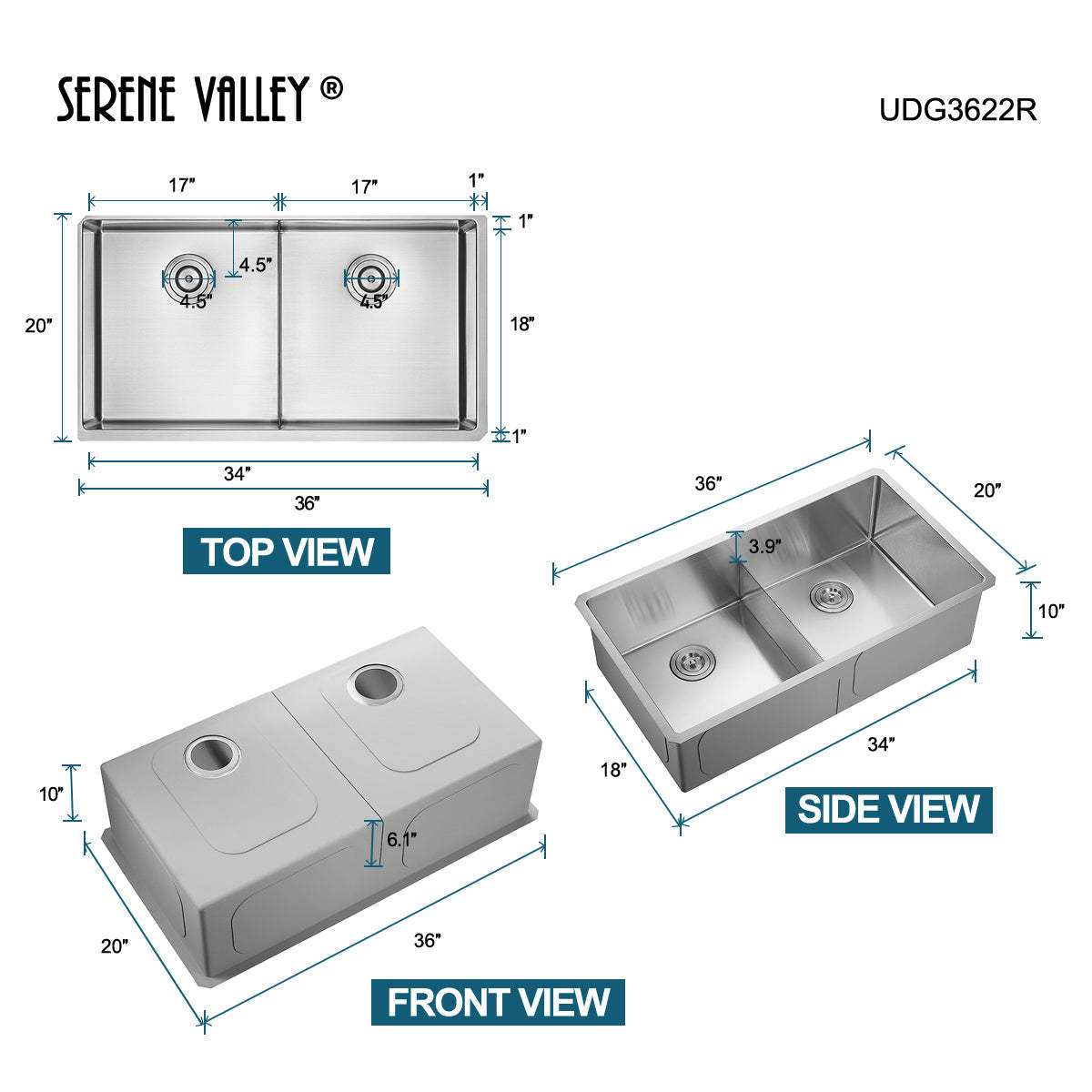 Serene Valley Stainless Steel Kitchen Sink, 36-inch Undermount, Double Bowl with Unique Thin Divider, Heavy-Duty Grids UDG3622R-Serene Valley