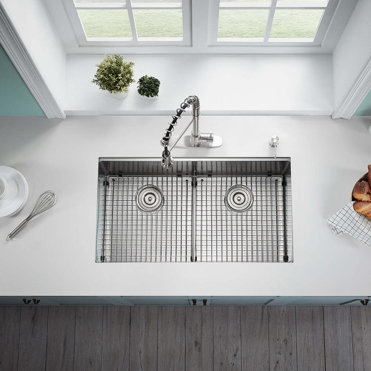 Serene Valley Workstation Kitchen Sink, 36-inch Double-Bowl Undermount, Cutting Board, Unique Thin Divider and Heavy-Duty Grids UDWG3622R-Serene Valley