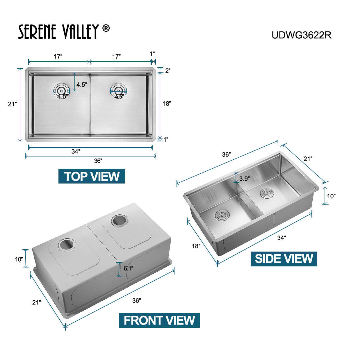 Serene Valley Workstation Kitchen Sink, 36-inch Double-Bowl Undermount, Cutting Board, Unique Thin Divider and Heavy-Duty Grids UDWG3622R-Serene Valley