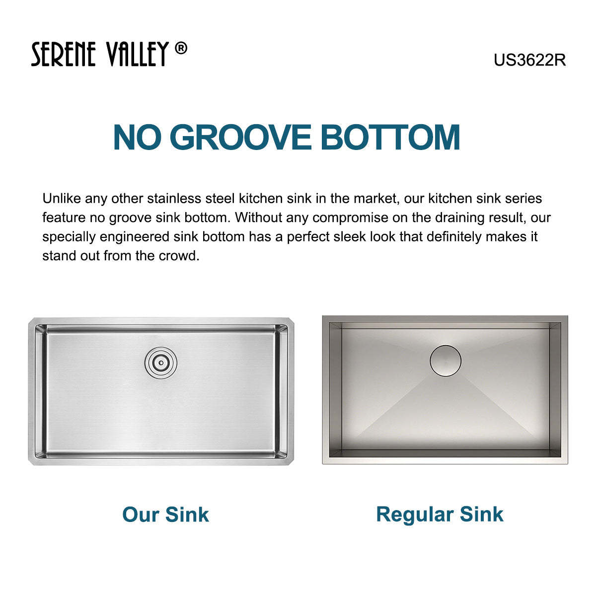 Serene Valley Stainless Steel Kitchen Sink, 36-inch Single-Bowl Undermount with No Groove Bottom, Heavy-Duty Grid US3622R-Serene Valley