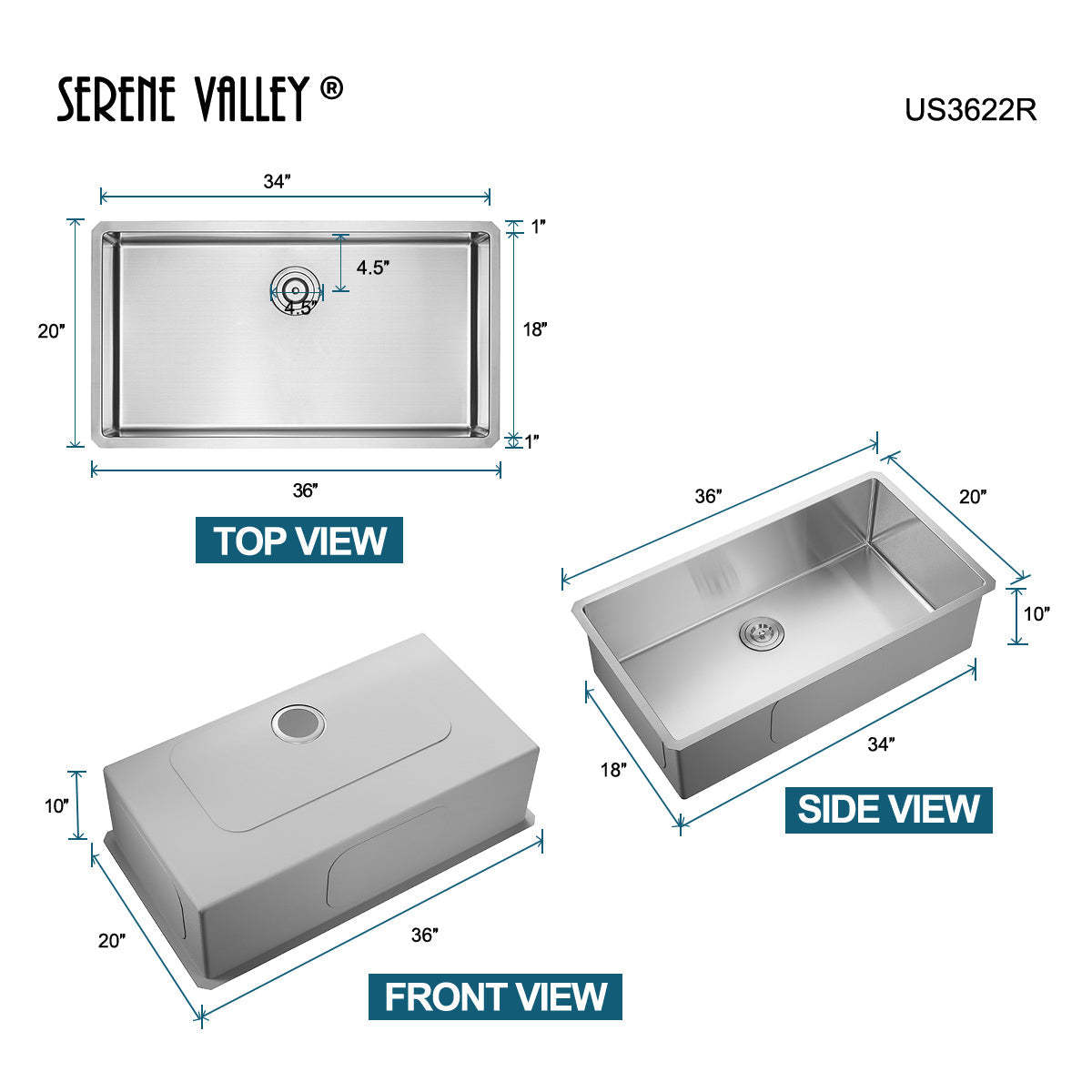 Serene Valley Stainless Steel Kitchen Sink, 36-inch Single-Bowl Undermount with No Groove Bottom, Heavy-Duty Grid US3622R-Serene Valley