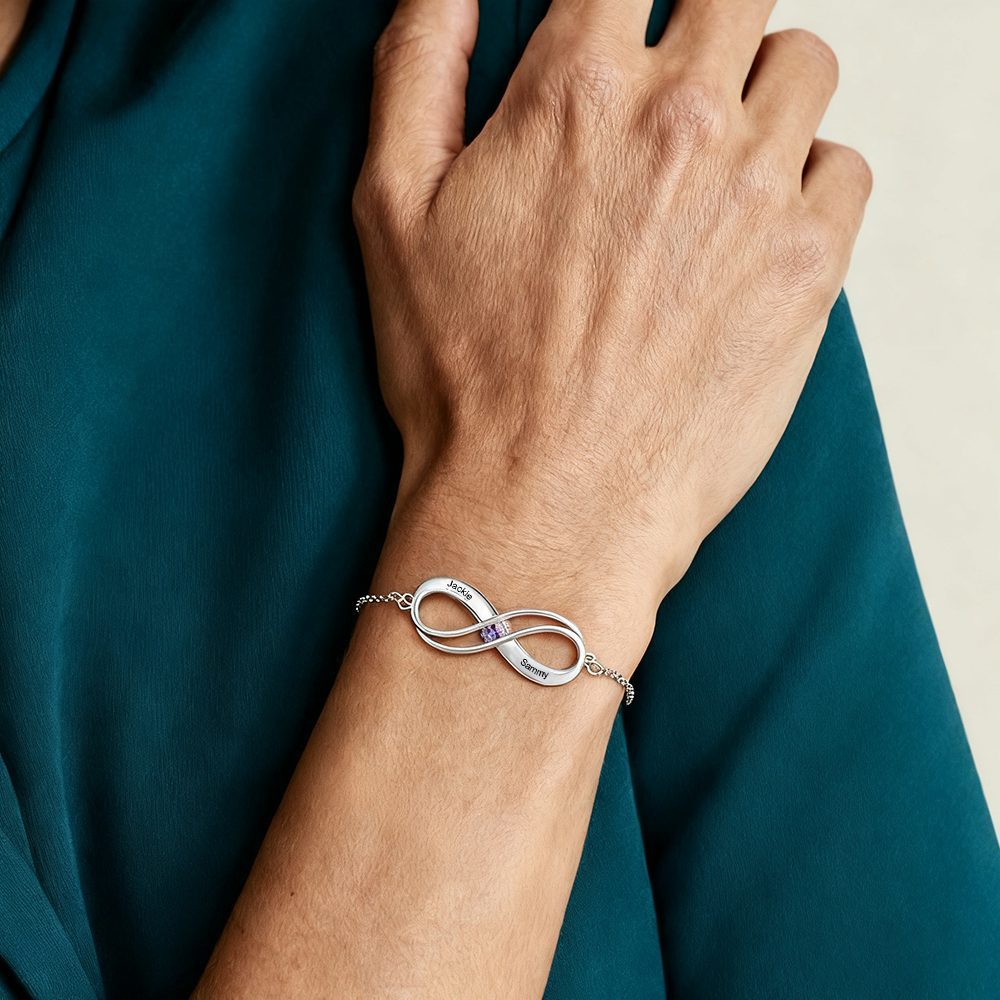 925 Sterling Silber Personalisierter Infinity Armband mit 2 Namen 2 Geburtssteinen