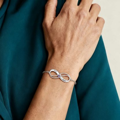925 Sterling Silber Personalisierter Infinity Armband mit 2 Namen 2 Geburtssteinen