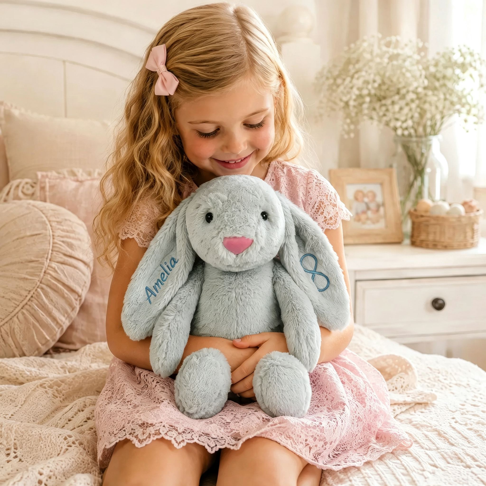 Personalisierter Plüschhase mit gesticktem Namen und Wunschmotiv Geschenk für Kinder und Enkelkinder