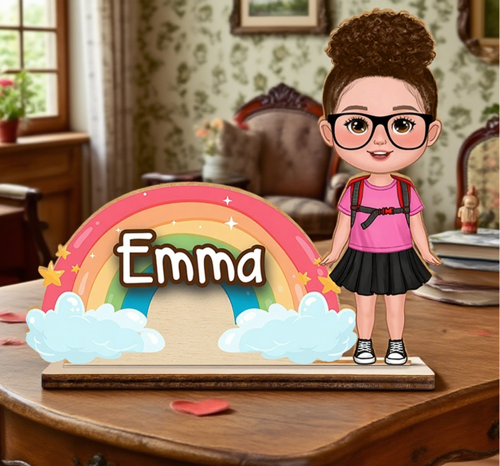 Personalisierte Kinderfigur mit Namensschild Regenbogen Design Einschulung Geschenk für Mädchen