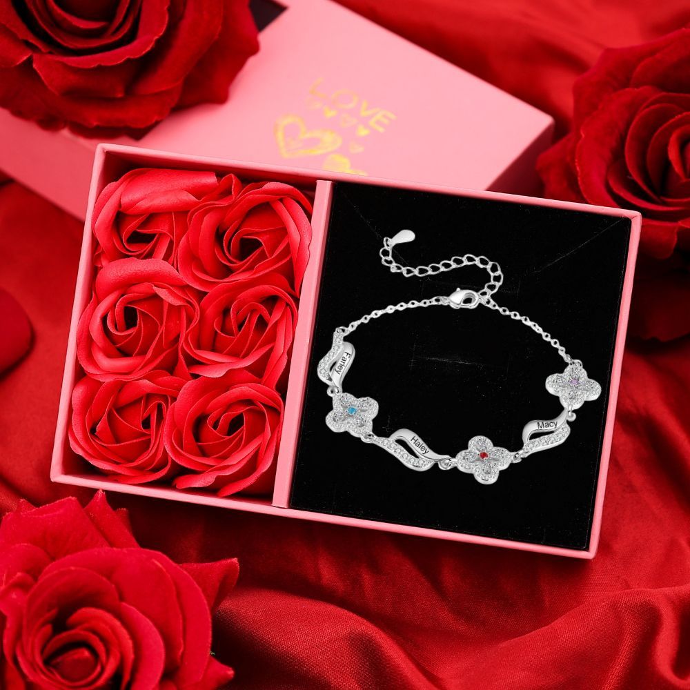 Personalisierte 2-4 Namen & 2-4 Geburtssteine Blume Welle Armband mit Zirkonia