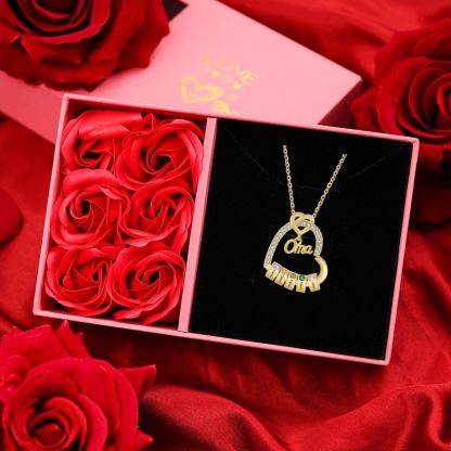 Personalisierte 1 Titel & 1-5 Namen Herz Halskette mit 1-5 Geburtssteinen für Mama/Mutter/Oma-Geschenk Box Set