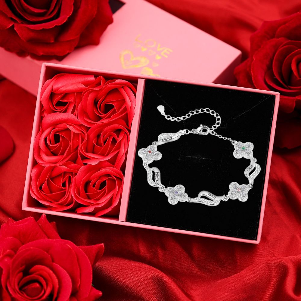 Personalisierte 2-4 Namen & 2-4 Geburtssteine Blume Welle Armband mit Zirkonia