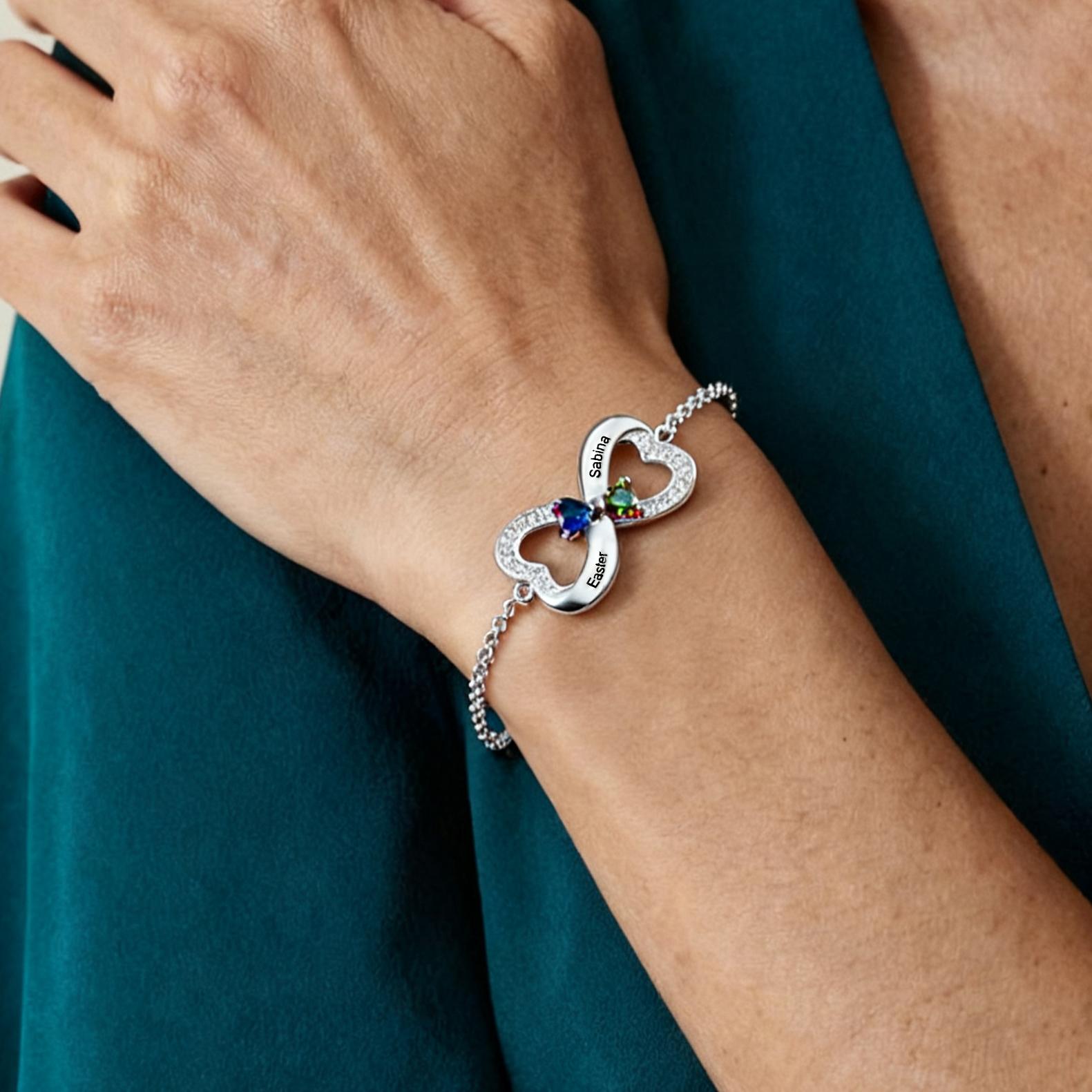 925 Sterling Silber personalisiertes Herz-Armband mit 1–3 Namen und Geburtssteinen