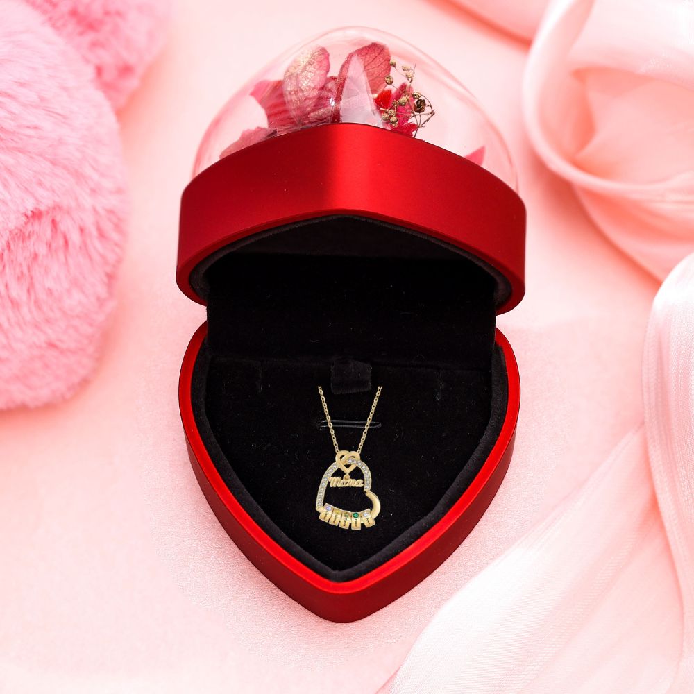 Personalisierte 1 Titel & 1-5 Namen Herz Halskette mit 1-5 Geburtssteinen für Mama/Mutter/Oma-Geschenk Box Set