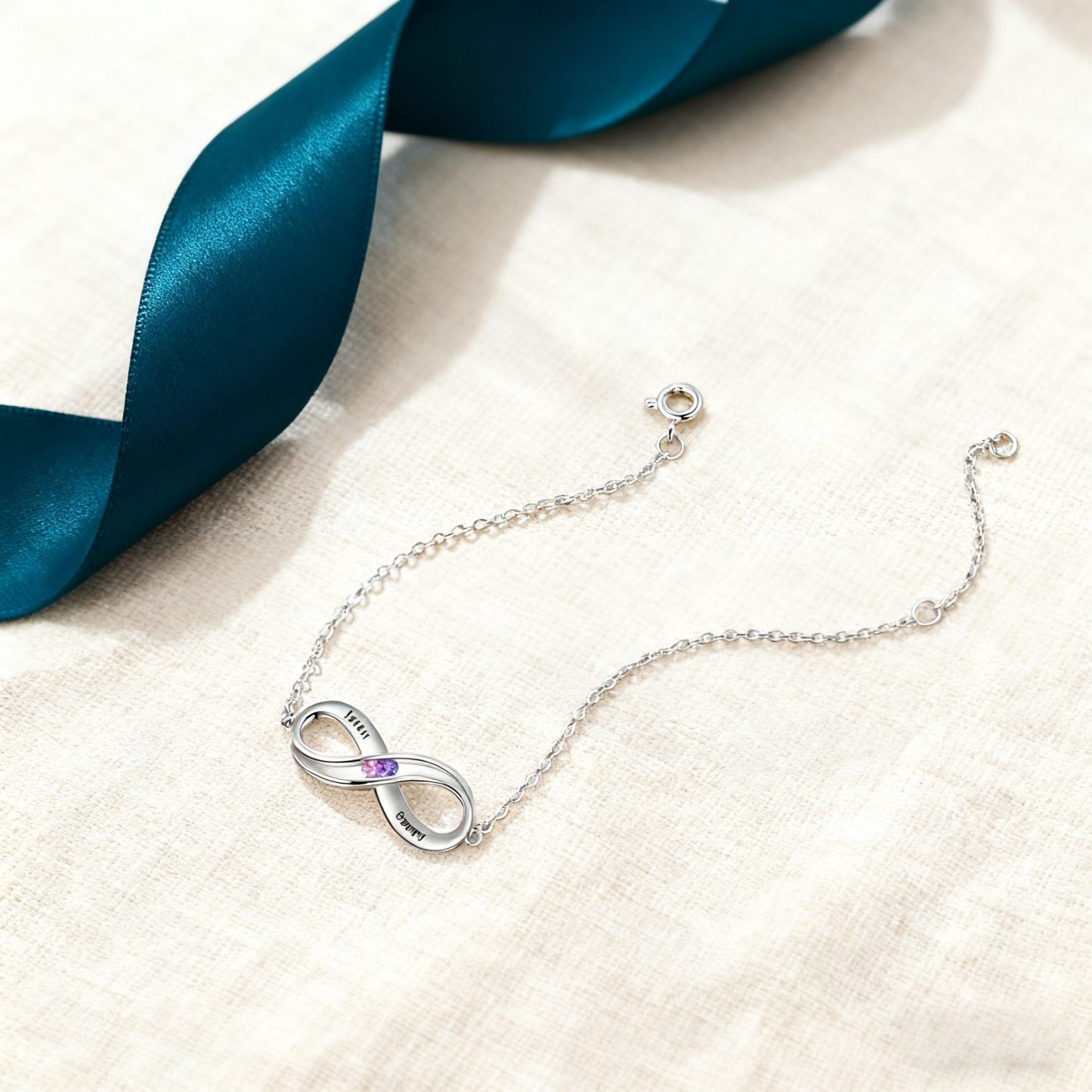 925 Sterling Silber Personalisierter Infinity Armband mit 2 Namen 2 Geburtssteinen