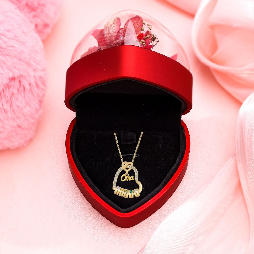 Personalisierte 1 Titel & 1-5 Namen Herz Halskette mit 1-5 Geburtssteinen für Mama/Mutter/Oma-Geschenk Box Set