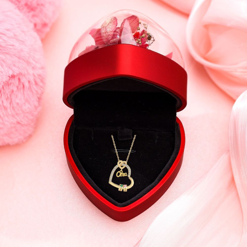 Personalisierte 1 Titel & 1-5 Namen Herz Halskette mit 1-5 Geburtssteinen für Mama/Mutter/Oma-Geschenk Box Set