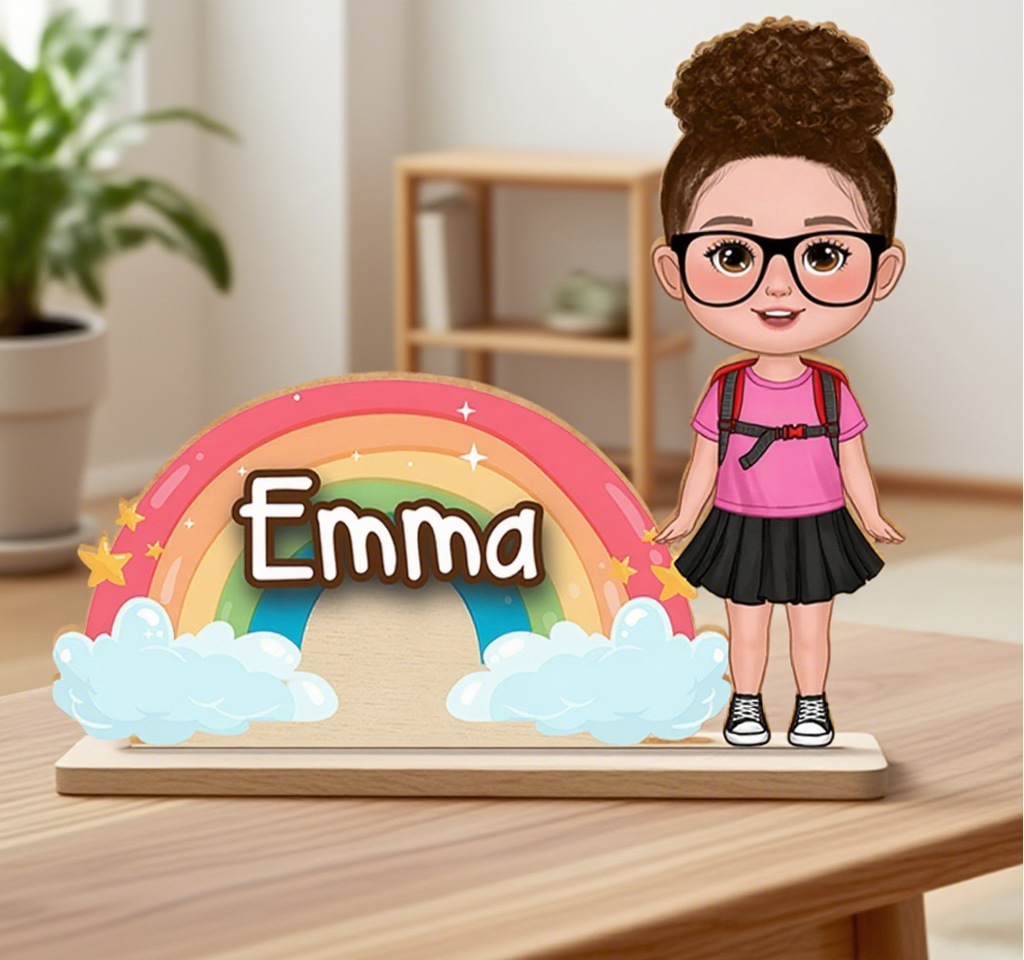 Personalisierte Kinderfigur mit Namensschild Regenbogen Design Einschulung Geschenk für Mädchen