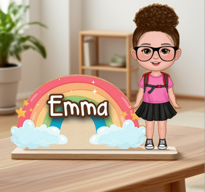 Personalisierte Kinderfigur mit Namensschild Regenbogen Design Einschulung Geschenk für Mädchen