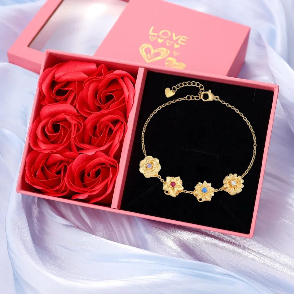 Individuell anpassbares Armband mit Geburtsblumen und Geburtssteinen – Einzigartiges Geburtstagsgeschenk | Jessemade