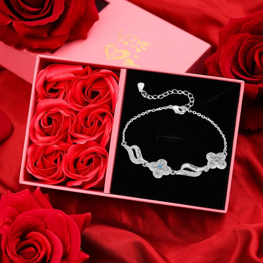 Kettenmachen Personalisierte 4 Namen & 4 Geburtssteine Blume Welle Armband mit Zirkonia 23.99