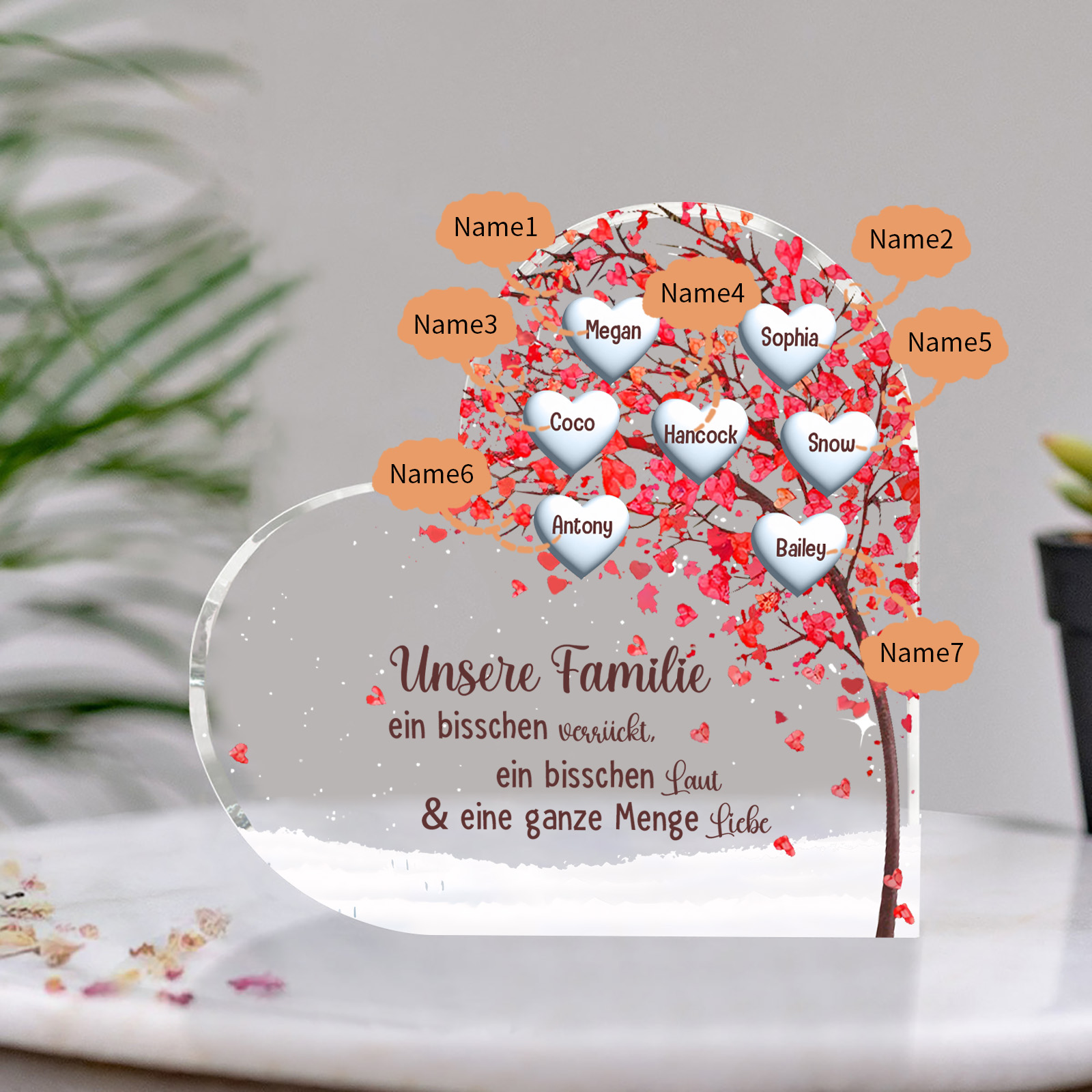 Personalisierte 7 Namen Herz Familienbaum Acryl-Deko– Liebevolle Schreibtischdekoration für Familie