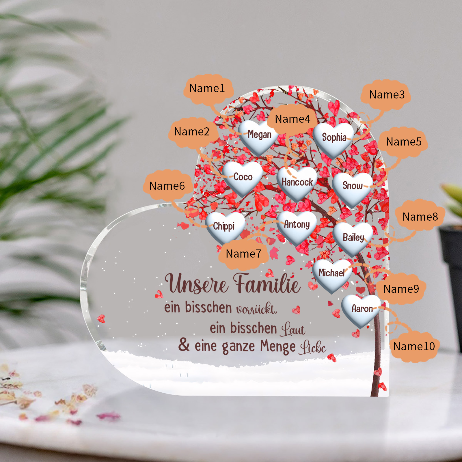 Personalisierte 10 Namen Herz Familienbaum Acryl-Deko– Liebevolle Schreibtischdekoration für Familie