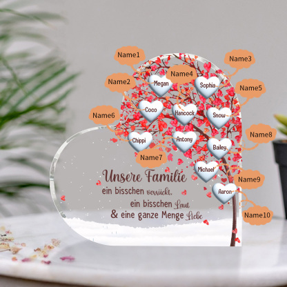 Personalisierte 10 Namen Herz Familienbaum Acryl-Deko– Liebevolle Schreibtischdekoration für Familie