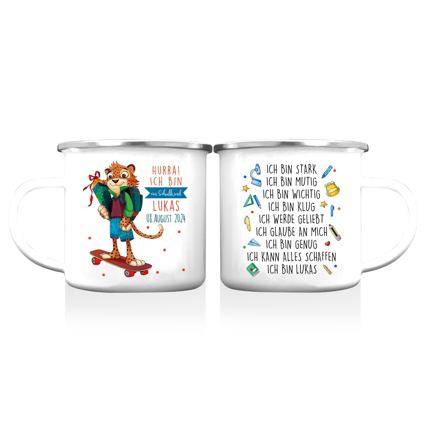 Emaille Tasse-Personalisierter Name & Datum Tiger Becher - Hurra ich bin ein Schulkind Ich kann alles schaffen - Geschenk zum Schulanfang