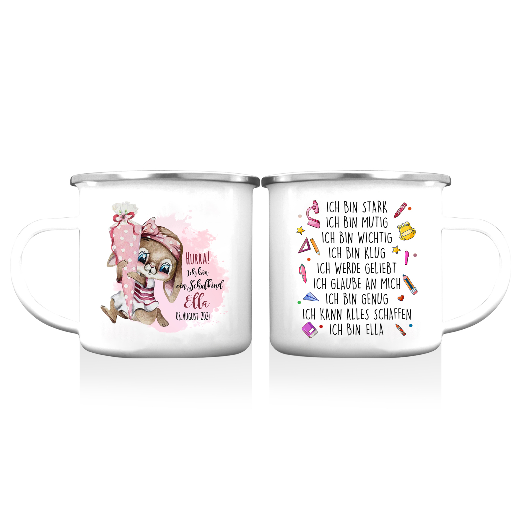 Emaille Tasse-Personalisierter Name & Datum Hase Becher - Hurra ich bin ein Schulkind Ich kann alles schaffen - Geschenk zum Schulanfang