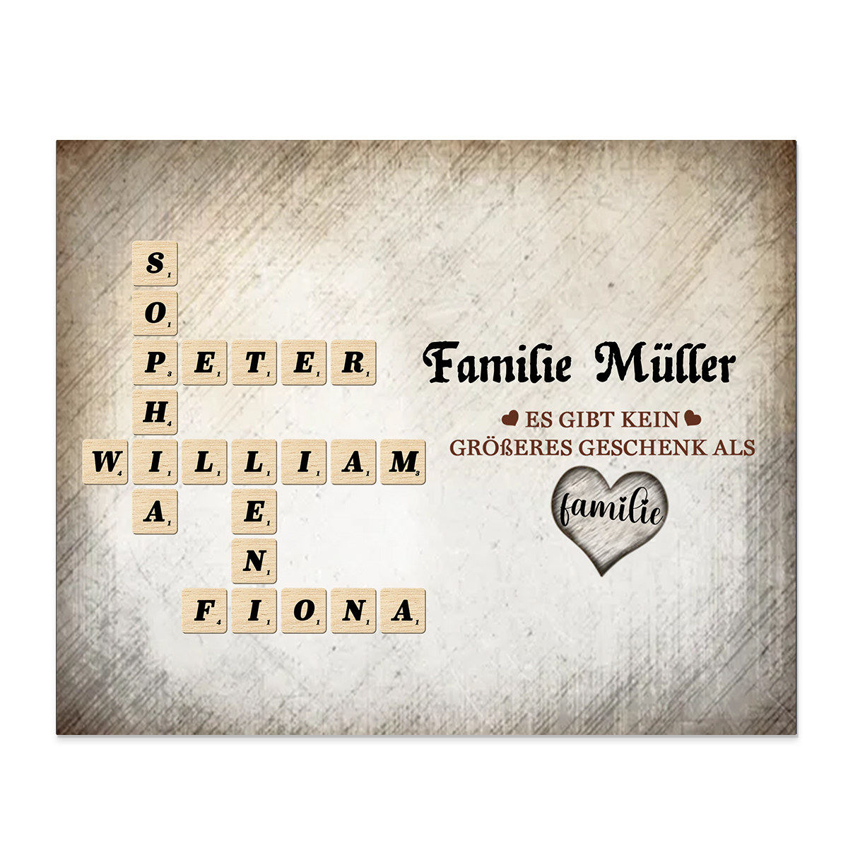 Personalisierte 2-12 Namen Holzbild Rechtsschreibspiel im Kreuzworträtsel-Stil – Liebe Familie – Geschenk für Familie