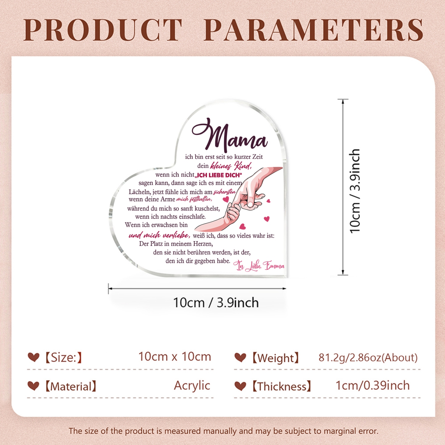 Personalisierter Text Herz Acryl-Deko-Mama Der Platz in meinem Herzen, den sie nicht berühren werden, ist der, den ich dir gegeben habe-Schreibtischdekoration für Mutter