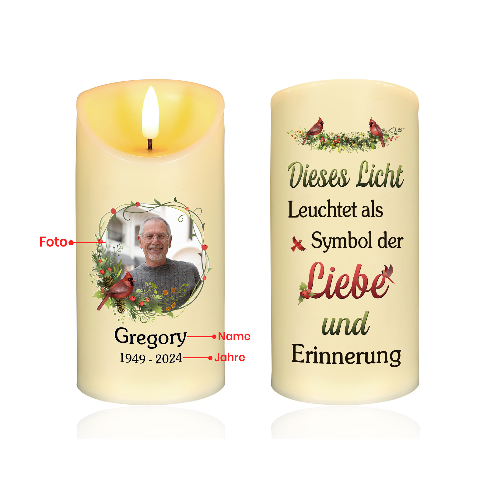 Personalisierbares Foto & Name & Datum LED-Gedenk-Kerze – Dieses Licht Leuchtet als Symbol der Liebe und Erinnerung – Elektronische Kerze zum Andenken