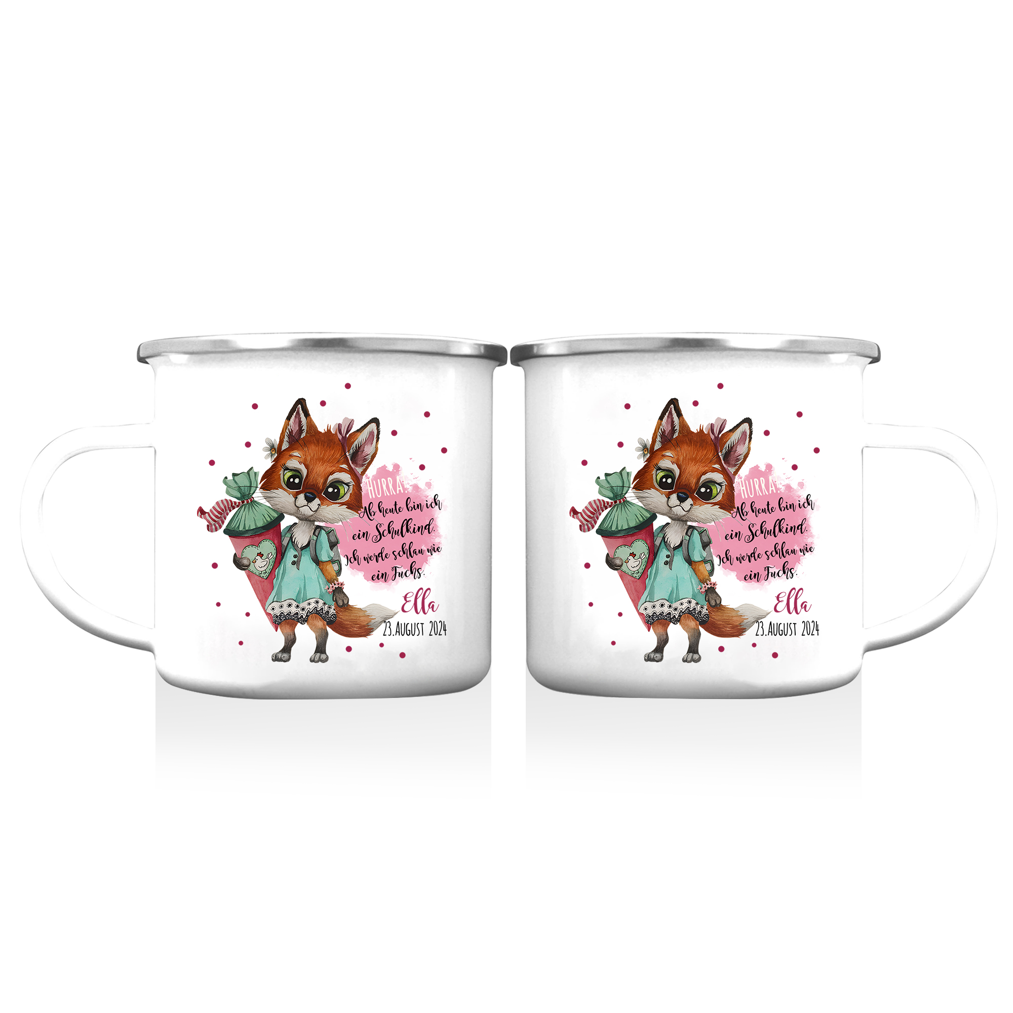 Emaille Tasse-Personalisierter Name & Datum Hase Becher - Hurra ab heute bin ich ein Schulkind Ich werde schau wie ein Fuchs - Geschenk zum Schulanfang