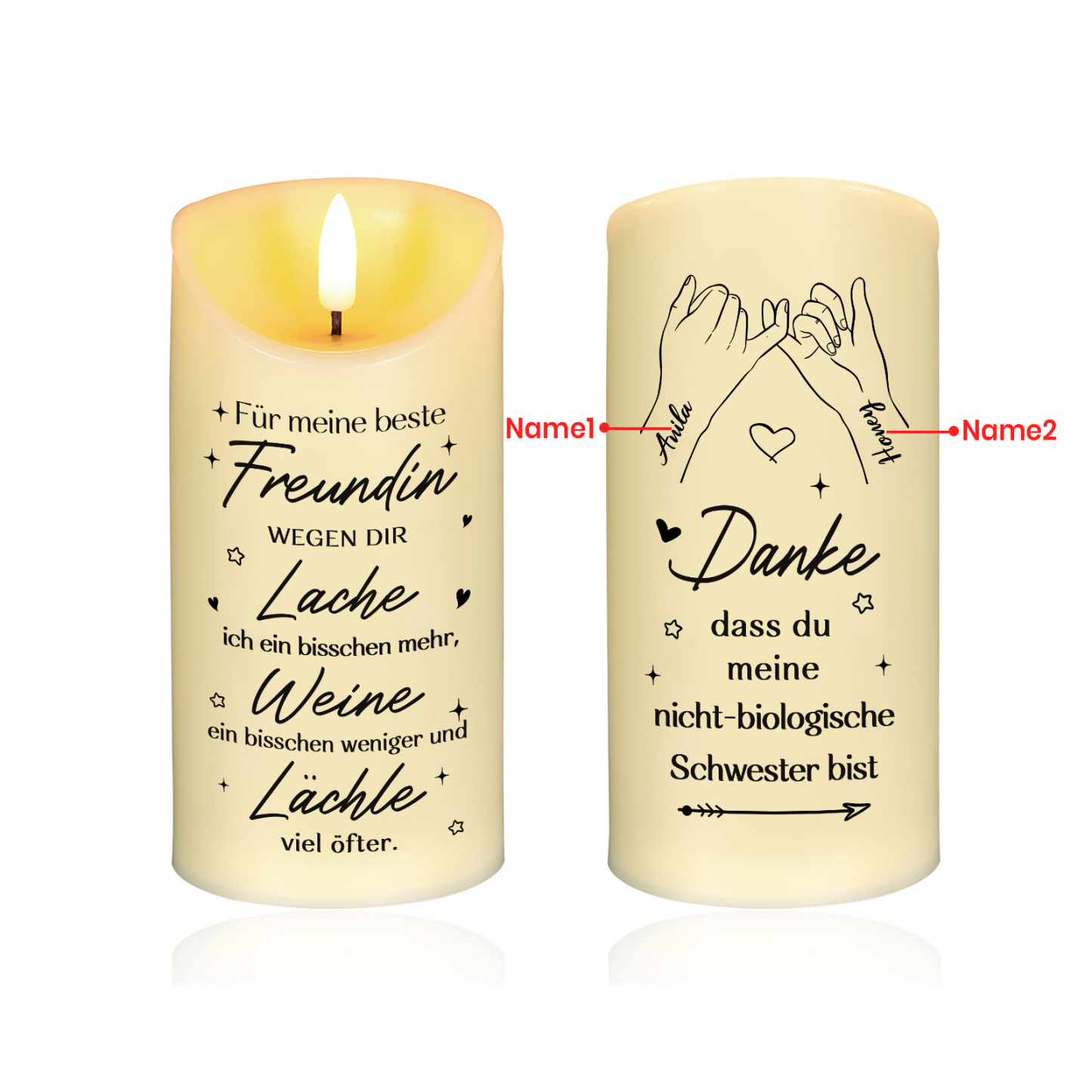 Personalisierbare 2 Namen Hand-in-Hand LED-Kerze – Danke, dass du meine nicht-biologische Schwester bist – Geschenk für Beste Freundin