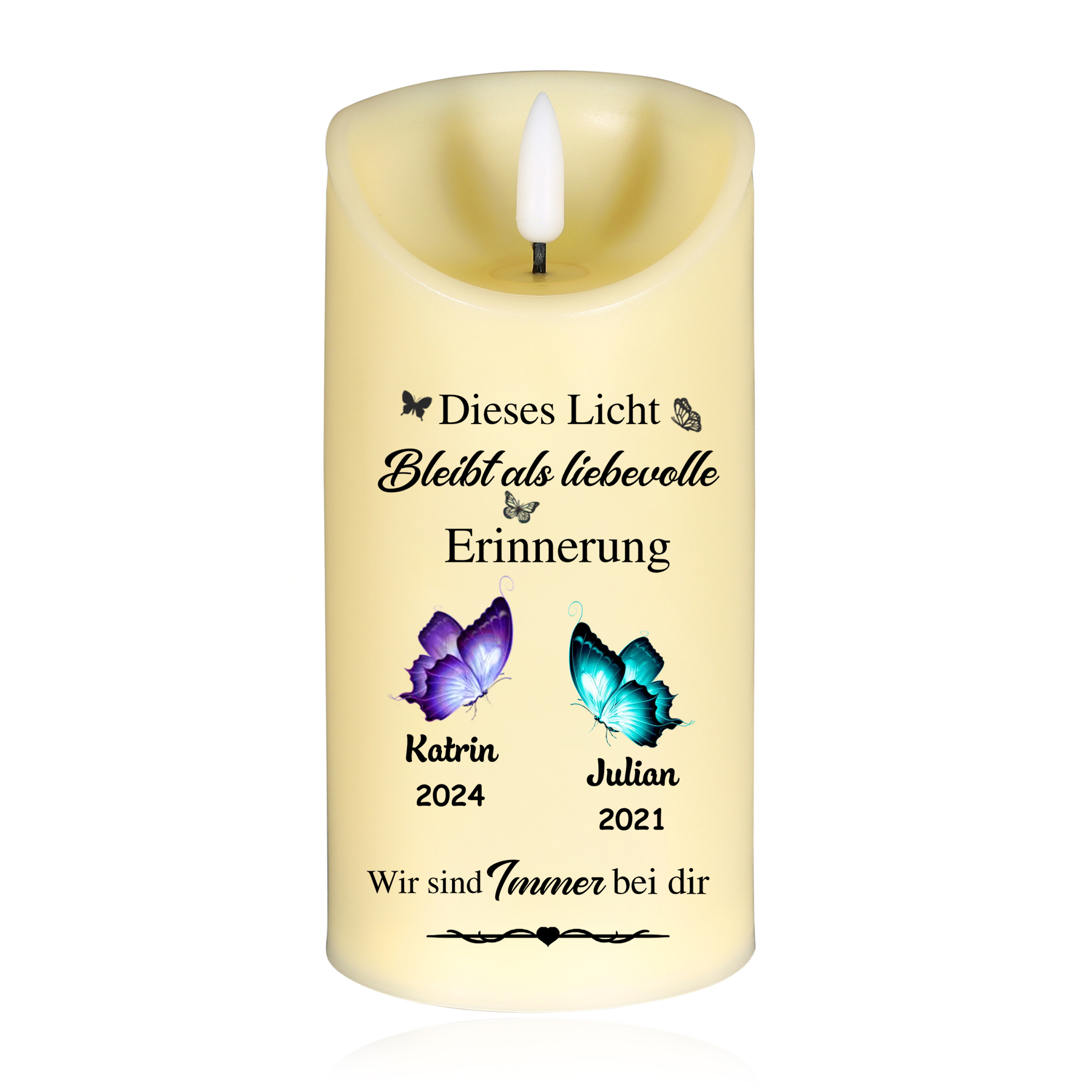 Personalisierte 1-2 Namen & Jahr LED-Kerze -Dieses Licht bleibt als liebevolle Erinnerung - Gedenk-Kerze 